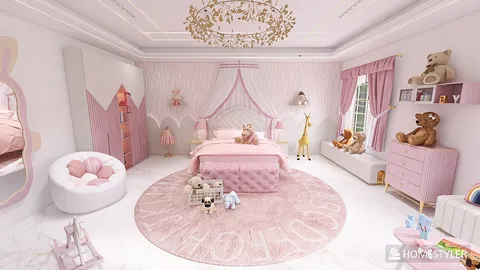 A beautifully designed children's bedroom featuring a pink color scheme, teddy bears, and whimsical decor, showcasing how to optimize small spaces with Homestyler's 3D interior design capabilities.