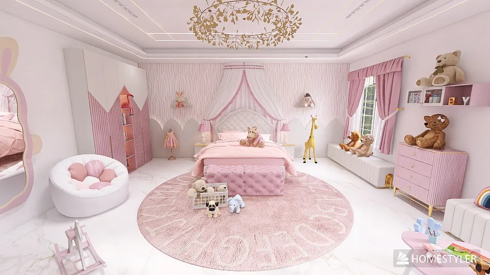 A beautifully designed children's bedroom featuring a pink color scheme, teddy bears, and whimsical decor, showcasing how to optimize small spaces with Homestyler's 3D interior design capabilities.