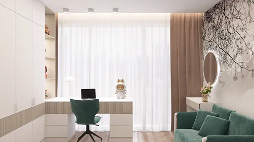 A modern home office featuring a sleek desk setup with a green chair, complemented by white cabinetry and elegant curtains, showcasing interior design optimization with Homestyler's real-time 3D rendering feature for efficient space planning.