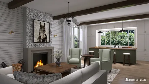living room with elegant seating arrangement showcasing a cozy fireplace and natural light, featuring a modern farmhouse style and optimized layout using Homestyler's real-time 3D rendering.