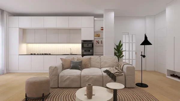 Cozy living room featuring a soft sofa arrangement with neutral colors, showcasing a modern minimalist style, ideal for enhancing interior design with Homestyler's real-time 3D rendering feature.