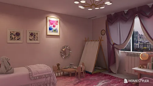 children's bedroom design featuring soft pink walls and playful decor, incorporating smart furniture arrangement from Homestyler for optimal space use.