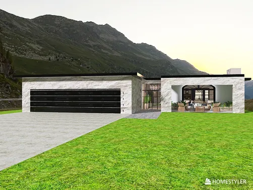 modern house exterior design showcasing a sleek facade and spacious garage in a contemporary style, emphasizing outdoor living space, utilizing Homestyler's real-time 3D rendering feature.