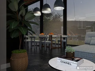 Modern dining area featuring a stylish table set for a meal, complemented by sleek pendant lighting and a cozy seating arrangement, showcasing interior design with Homestyler's real-time 3D rendering functionality.
