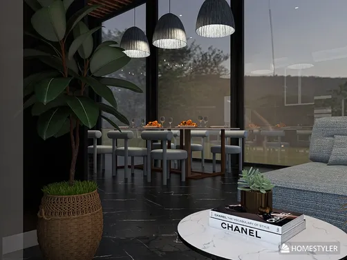 Modern dining area featuring a stylish table set for a meal, complemented by sleek pendant lighting and a cozy seating arrangement, showcasing interior design with Homestyler's real-time 3D rendering functionality.