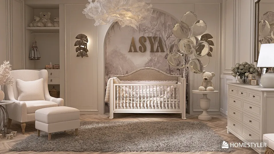 nursery design featuring a crib and plush decorations in a soft neutral style, utilizing Homestyler's real-time 3D rendering for quick visualization