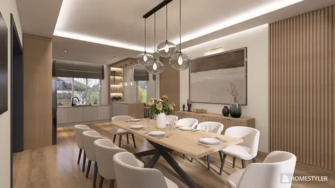 Modern dining room design featuring a large wooden table and stylish chairs, showcasing a minimalist aesthetic and enhanced functionality with Homestyler's real-time 3D rendering feature.
