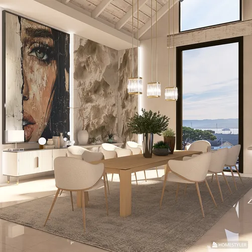 dining room with a large table and stylish chairs featuring a modern art piece on the wall in a contemporary style using Homestyler's real-time 3D rendering for interior design.