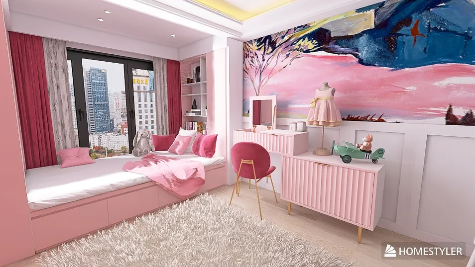 cozy pink bedroom with a daybed and art wall design, featuring modern decor, showcasing Homestyler's real-time 3D rendering for interior design visualization.
