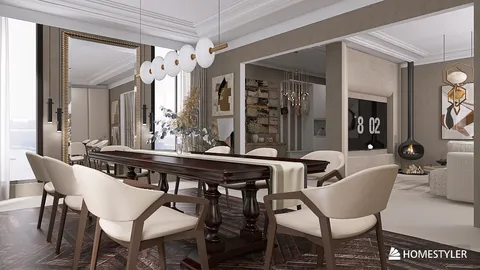 modern dining room design showcasing a wooden table with stylish chairs in a contemporary style, highlighting the functionality of Homestyler's real-time 3D rendering feature.