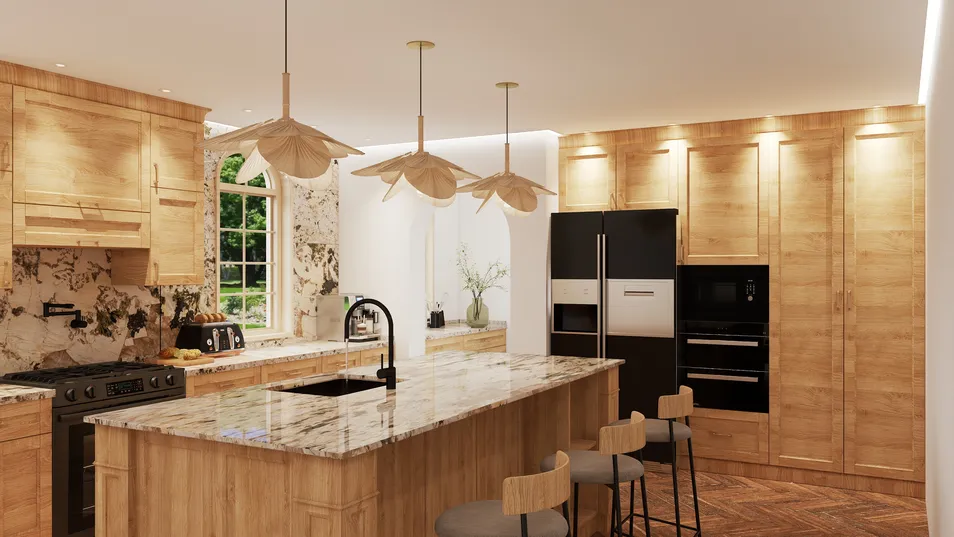 kitchen design featuring wooden cabinetry and granite countertop, creating a warm and inviting atmosphere with a modern aesthetic for functional cooking and dining space, utilizing Homestyler's real-time 3D rendering feature.