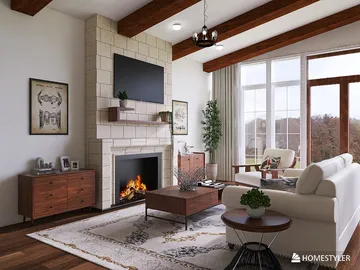 modern living room featuring a cozy fireplace, designed with Homestyler's real-time 3D rendering for a warm and inviting ambiance.