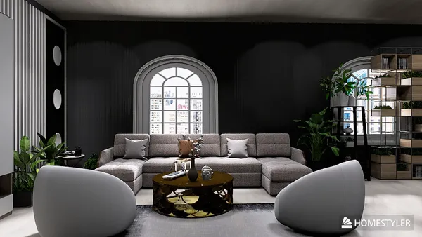 Modern seating area featuring a sectional sofa and round coffee table designed for a contemporary living room, showcasing interior decor elements; utilizes Homestyler's real-time 3D rendering for quick design visualization.