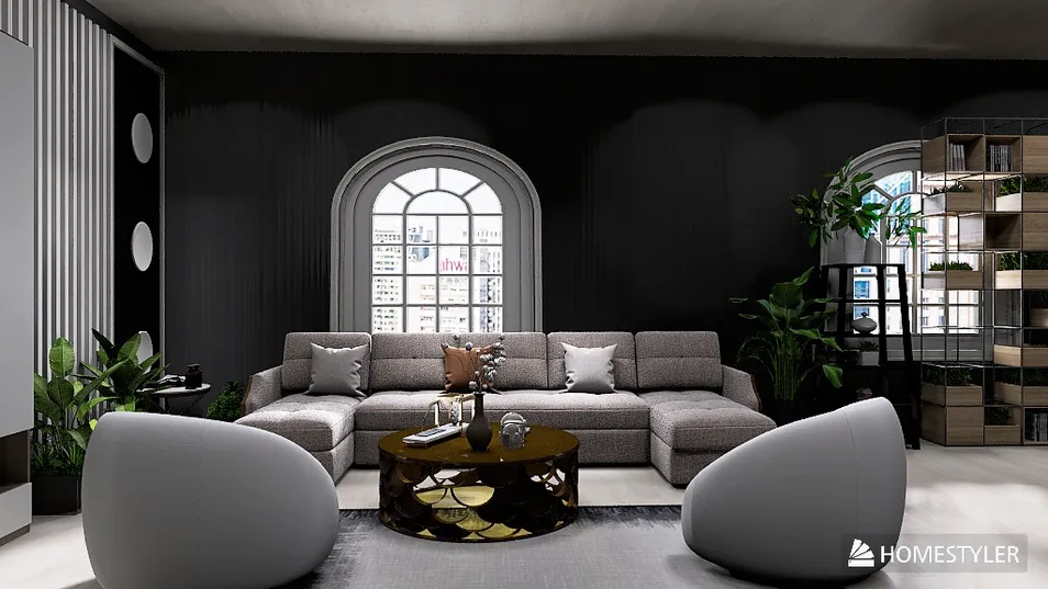 Modern seating area featuring a sectional sofa and round coffee table designed for a contemporary living room, showcasing interior decor elements; utilizes Homestyler's real-time 3D rendering for quick design visualization.