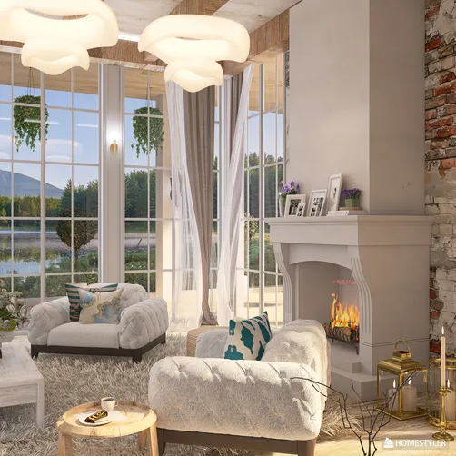cozy living room with plush chairs arranging a warm atmosphere showcasing a rustic style and beautiful views, utilizing Homestyler's real-time 3D rendering for design previews.