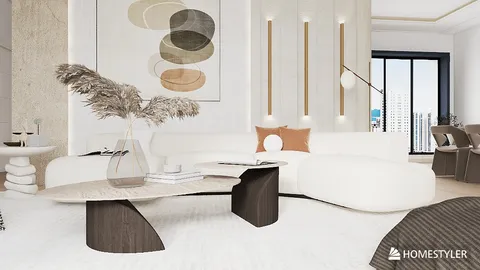 modern living room design showcasing a cozy sectional sofa and an artistic coffee table with a sleek finish, featuring a neutral color palette and elegant decor elements, utilizing Homestyler's real-time 3D rendering for a stunning visual preview.