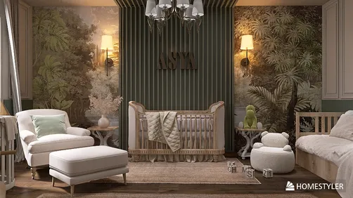 nursery furniture arrangement showcasing a calming and nature-inspired design with a tropical mural accent wall, utilizing Homestyler's real-time 3D rendering feature for enhanced visualization.