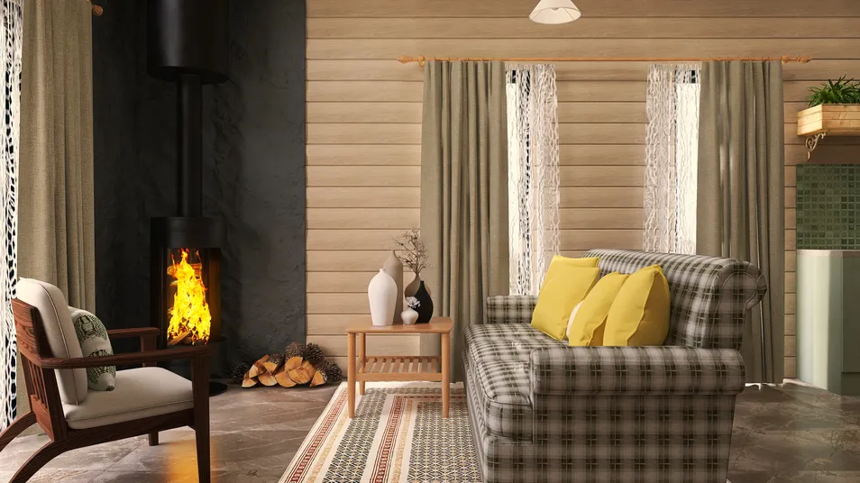 cozy living room featuring a plaid sofa and modern armchair, designed with a rustic style, showcasing a warm ambiance and enhancing interior decor with Homestyler's real-time 3D rendering.