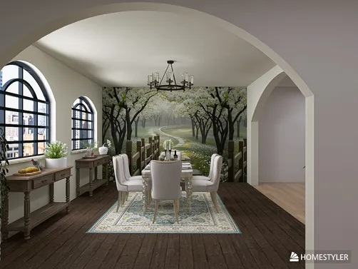 Dining room featuring a serene nature mural, showcasing an elegant setup with a rustic table and chairs in a contemporary style, utilizing Homestyler's real-time 3D rendering for design previews.