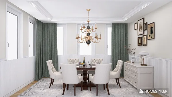 Elegant dining room featuring a round wooden table set for dinner, designed in a modern style with soft hues, showcasing interior decor ideas using Homestyler's real-time 3D rendering function.