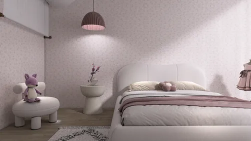 cozy bedroom design showcasing a soft pink color scheme with a modern bed, stylish lighting, and playful decor, emphasizing interior decoration using Homestyler's real-time 3D rendering feature.