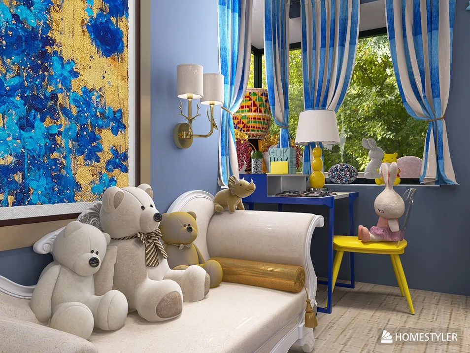 Children's playroom featuring a cozy sofa adorned with plush toys, showcasing a vibrant blue and yellow design style, ideal for promoting a playful and warm environment; created using Homestyler's real-time 3D rendering feature.