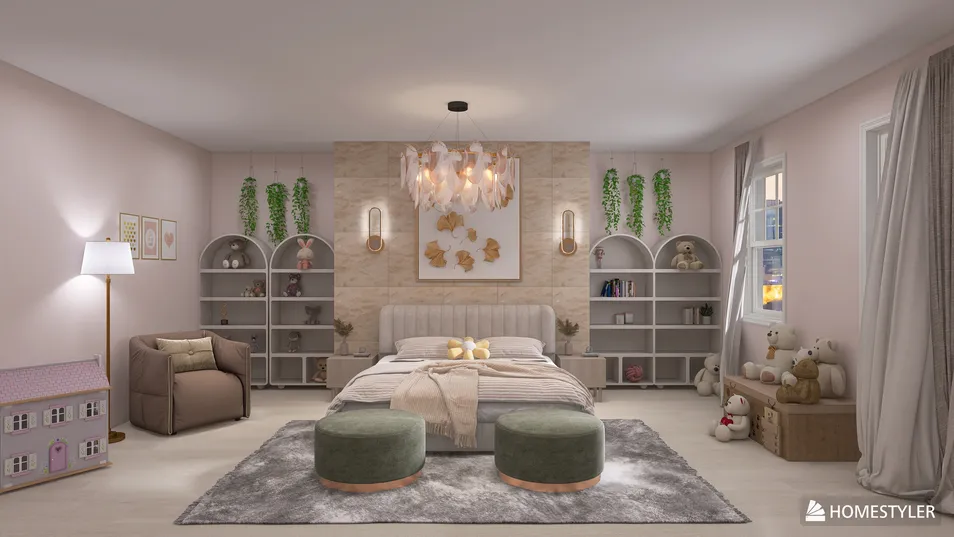 Cozy bedroom featuring a stylish bed arrangement in a modern design with serene decor elements, showcasing Homestyler's real-time 3D rendering capabilities for an inviting atmosphere.