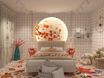 colorful bedroom design with floral patterns and playful decor featuring a round wall motif and cozy bed, showcasing a warm and inviting atmosphere, utilizing Homestyler's real-time 3D rendering for accurate visualization