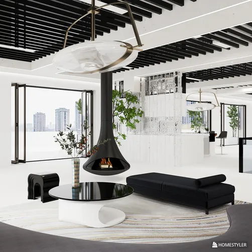 modern living room featuring a sleek hanging fireplace and minimalist furniture, designed with contemporary style for an open space, showcasing Homestyler's real-time 3D rendering capability.