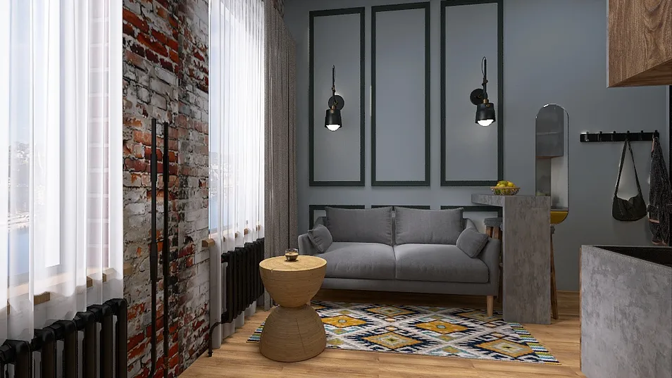 cozy living room design featuring a gray sofa with stylish lighting and modern accents, showcasing interior decor with rustic touches, enhanced by Homestyler's real-time 3D rendering