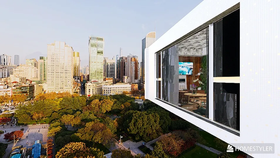 Modern building exterior showcasing a sleek design with panoramic city views, emphasizing urban living style and space utility with Homestyler's real-time 3D rendering feature.