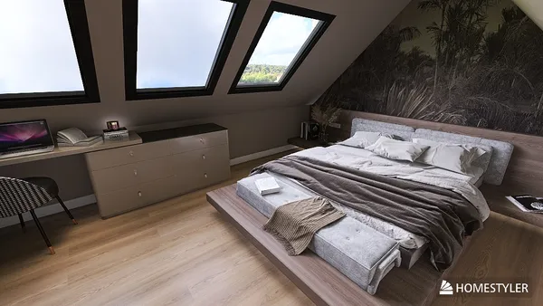 Modern bedroom design featuring a sleek bed with a cozy blanket and a stylish desk for work, utilizing Homestyler's real-time 3D rendering for an efficient design preview.