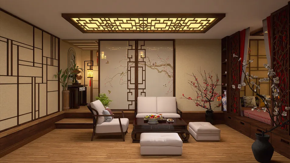 traditional Chinese living room design featuring a unique ceiling with intricate patterns, showcasing smart furniture arrangement for optimizing small spaces using Homestyler's real-time 3D rendering feature.