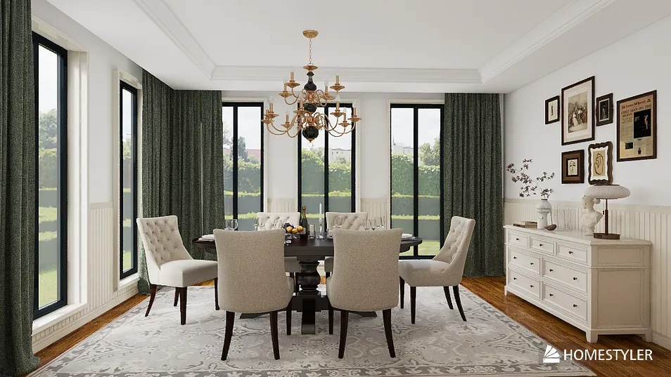 dining room with elegant furniture arranging showcasing modern classic style and open space value using Homestyler's real-time 3D rendering feature
