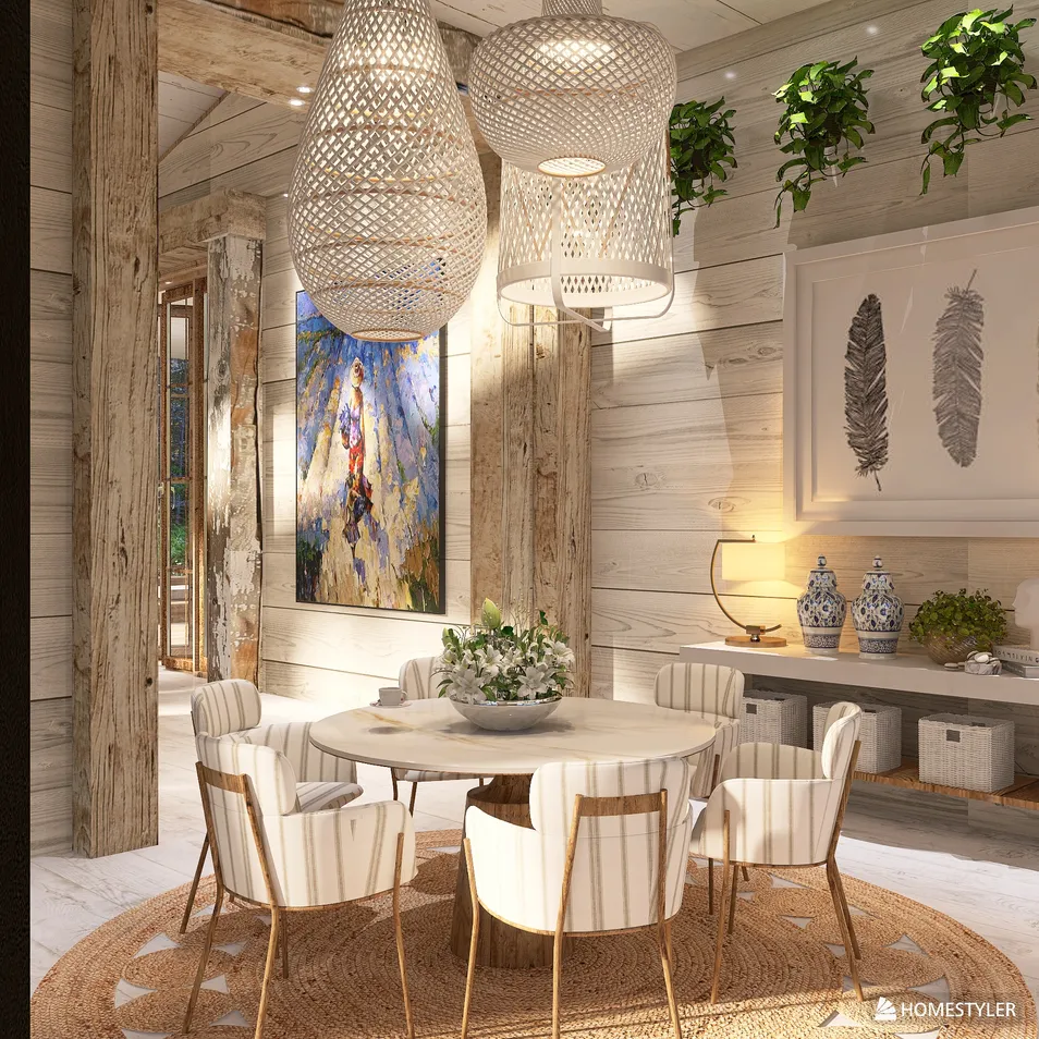 Dining area with elegant round table and stylish chairs featuring natural textures, designed in a modern rustic style for enhanced social gatherings, utilizing Homestyler's real-time 3D rendering feature.