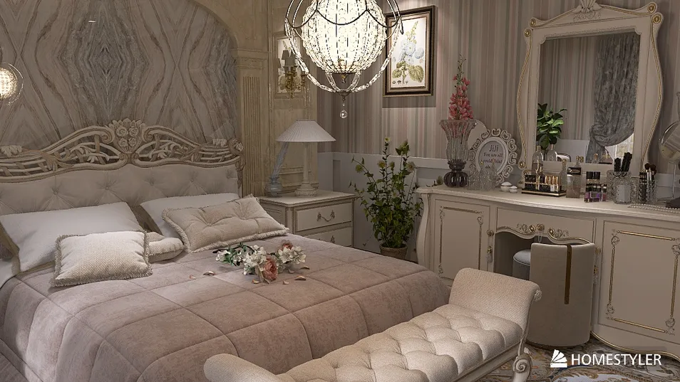 luxurious bedroom decor featuring a stylish bed arrangement in a classic style, utilizing Homestyler's real-time 3D rendering for a stunning interior design preview.