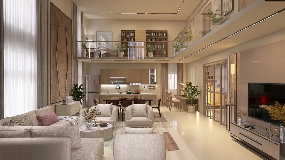 a modern living room featuring soft sofas and natural light, showcasing smart furniture arrangement for optimizing small spaces, utilizing Homestyler's real-time 3D rendering capability.