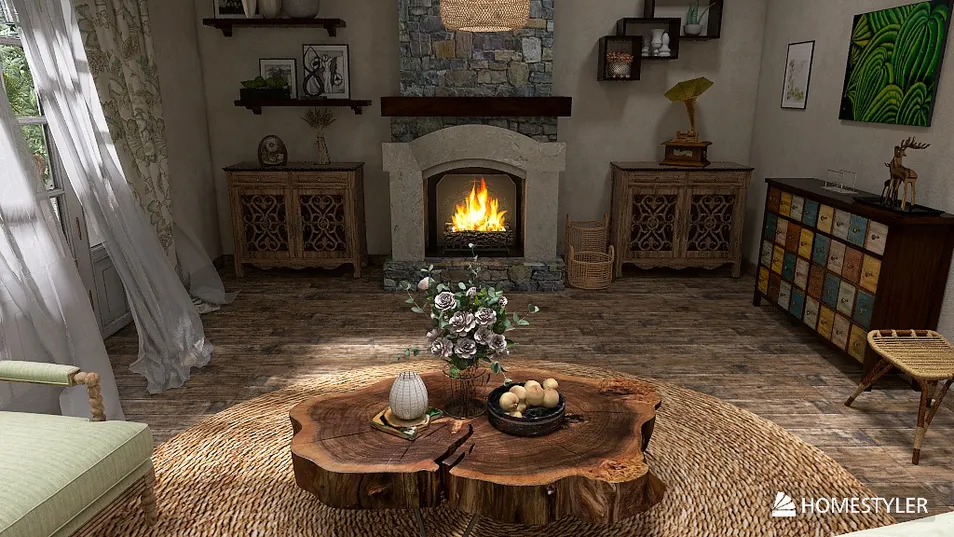 cozy living room featuring a rustic wooden coffee table with decorative items, styled with a warm ambiance from the fireplace, showcasing a blend of contemporary and traditional design elements, highlighting interior decor optimization with Homestyler's real-time 3D rendering functionality.