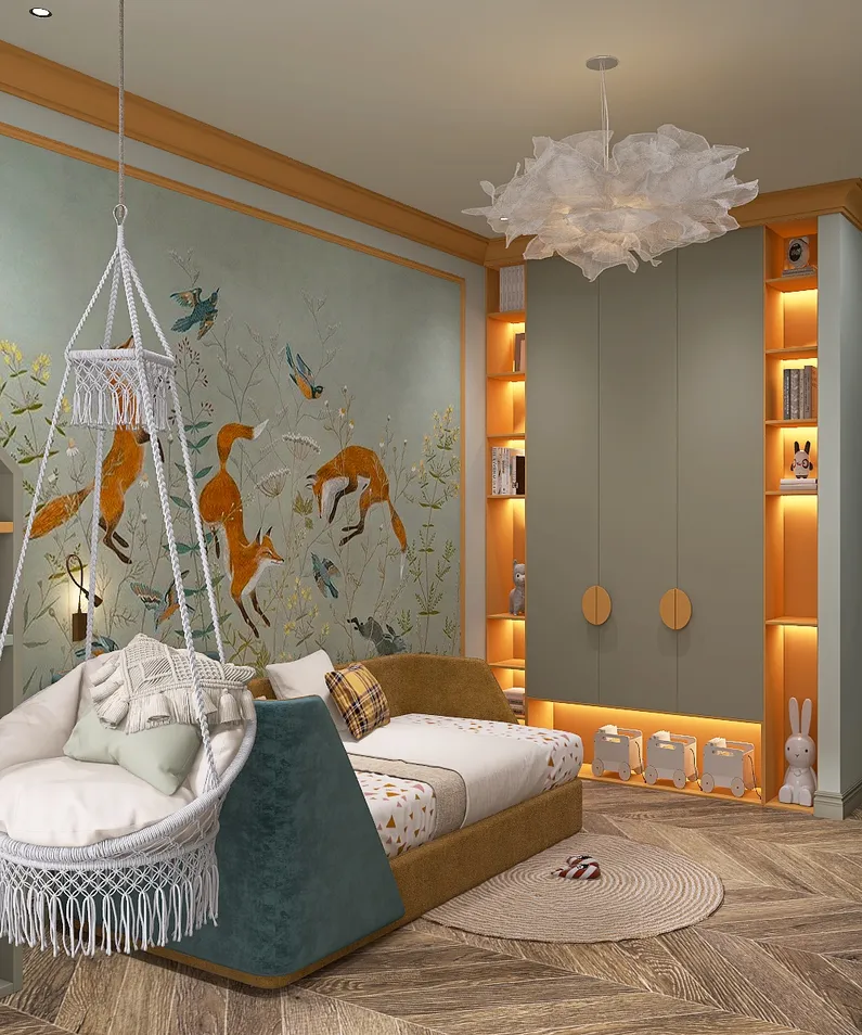 cozy children's room featuring a hammock swing and colorful wall mural with foxes, showcasing playful design style and utilizing Homestyler's real-time 3D rendering for visualization.