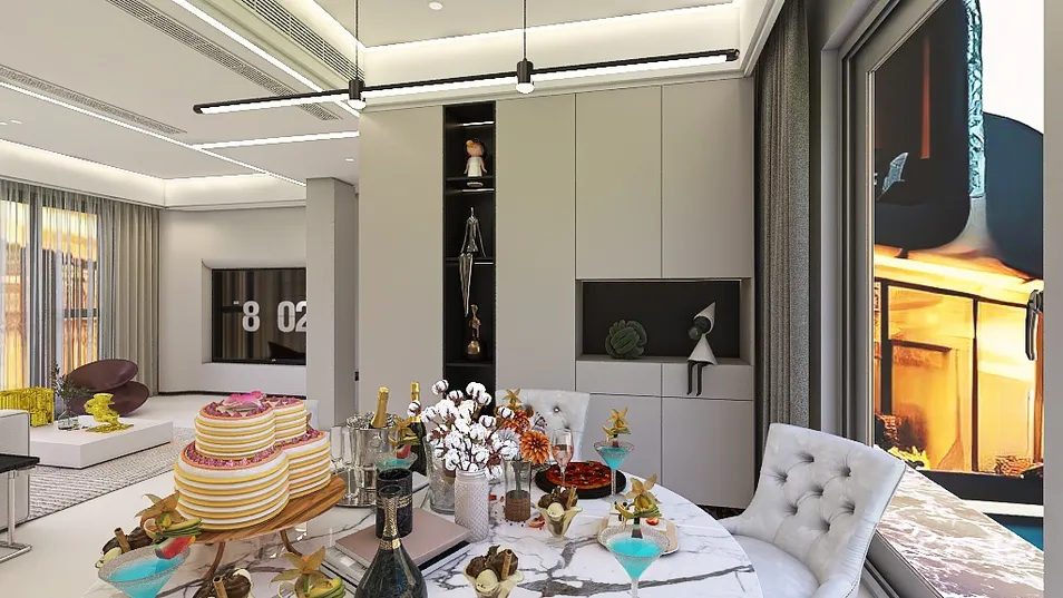 dining area with festive table setting featuring a cake and drinks, showcasing modern design with a luxurious touch, emphasizing the interior decor aesthetics, highlighting Homestyler's real-time 3D rendering feature.