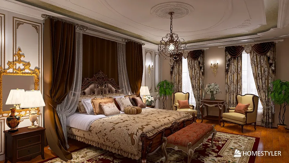luxurious bedroom design featuring a vintage aesthetic with opulent furniture and rich fabrics, showcasing Homestyler's real-time 3D rendering for an immersive interior decor experience