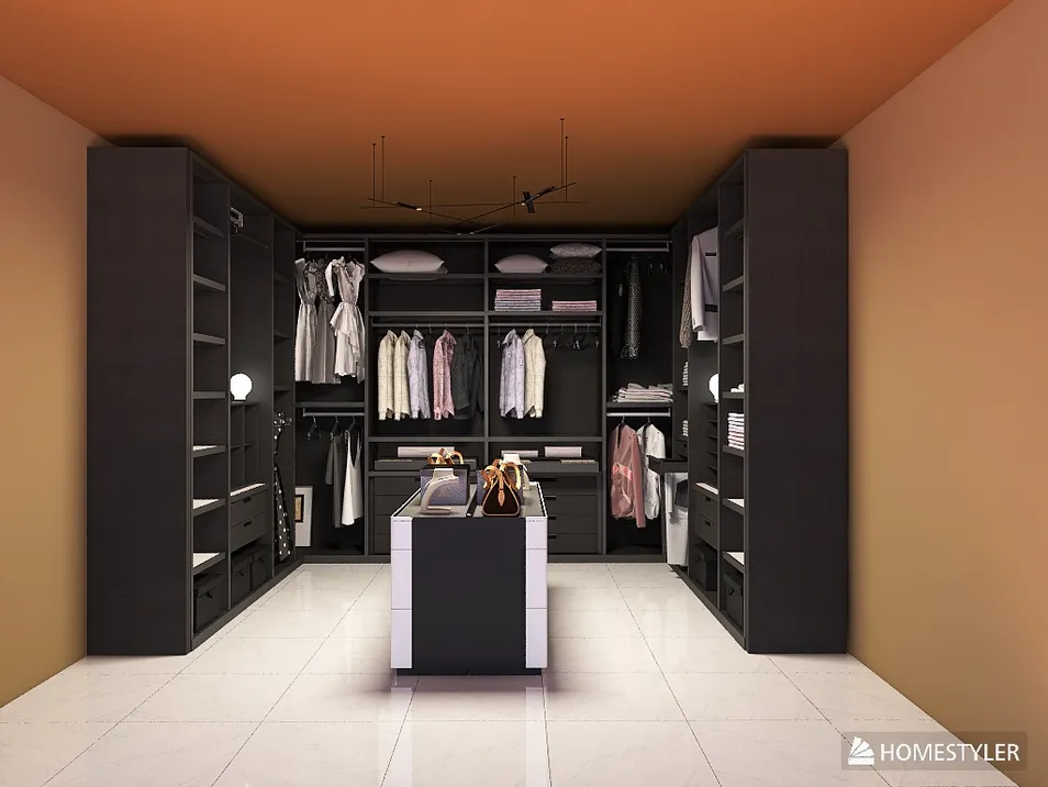 walk-in closet design with organized shelving and hanging space, featuring a modern black and white color scheme, optimized for maximizing storage efficiency, showcasing Homestyler's real-time 3D rendering functionality.
