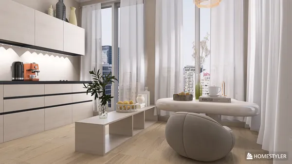 Modern living room with minimalist furniture featuring a round coffee table and a comfortable chair, highlighting a bright and airy ambiance, showcasing interior decor ideas for contemporary home design using Homestyler's real-time 3D rendering feature.