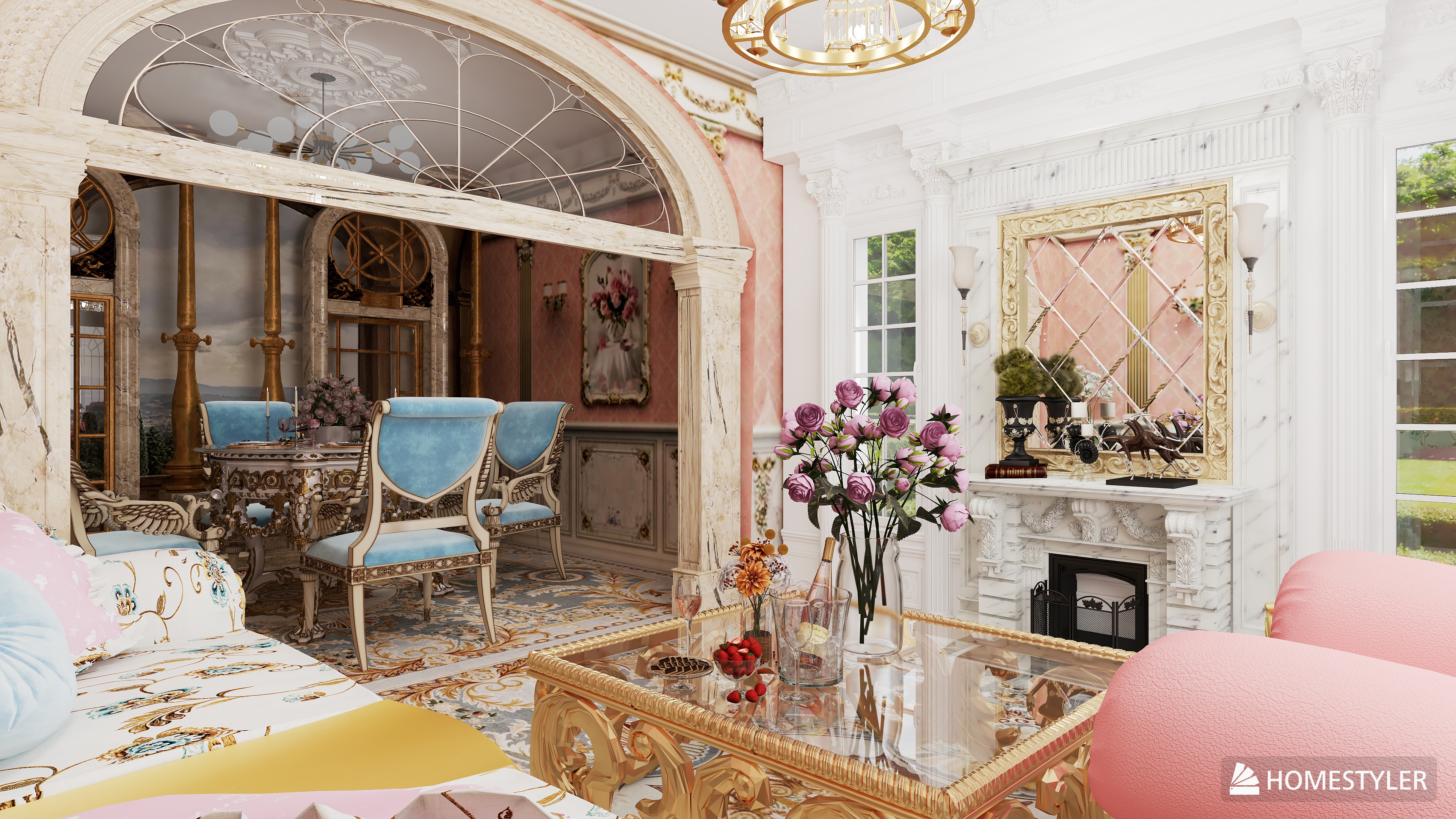 Elegância Rococó na Sala de Estar e Jantar