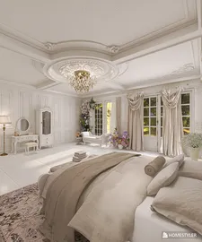 luxurious bedroom design featuring a cozy bed and elegant decor, creating a serene atmosphere with soft color tones, utilizing Homestyler's real-time 3D rendering feature for an immersive interior design experience.