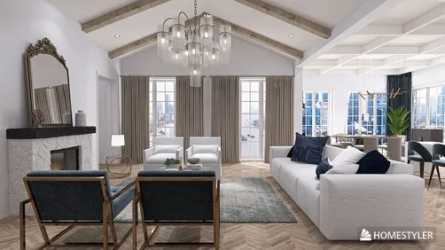 modern living room design featuring a cozy seating arrangement with stylish chairs and a white sofa, utilizing Homestyler's real-time 3D rendering feature to showcase the elegant Scandinavian style and optimize space for comfort.