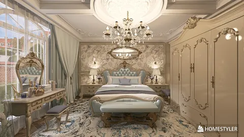 luxurious bedroom design featuring a vintage bed and ornate furniture arranged in an elegant style, emphasizing interior design aesthetics using Homestyler's real-time 3D rendering feature.