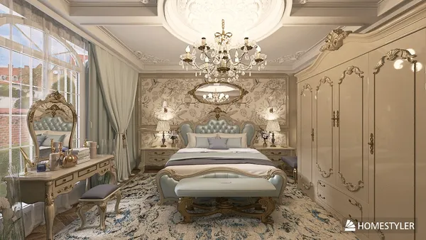 luxurious bedroom design featuring a vintage bed and ornate furniture arranged in an elegant style, emphasizing interior design aesthetics using Homestyler's real-time 3D rendering feature.