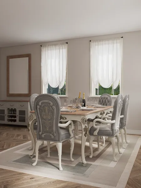 dining table with elegant chairs set for a meal in a beautifully designed dining room featuring a modern classical style and showcasing high-quality interior decor using Homestyler's real-time 3D rendering feature.