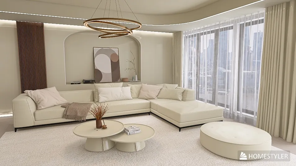 modern living room featuring a spacious white sectional sofa with decorative pillows and a circular coffee table styled in a minimalist fashion, showcasing a serene and elegant atmosphere ideal for interior decor, utilizing Homestyler's real-time 3D rendering feature.